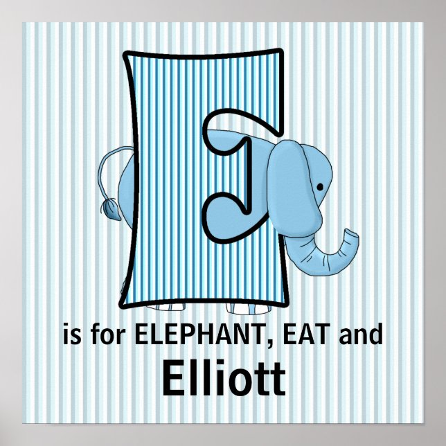 Affiches Élément de chambre bébé Éléphant Bleu Monogrammé (Devant)