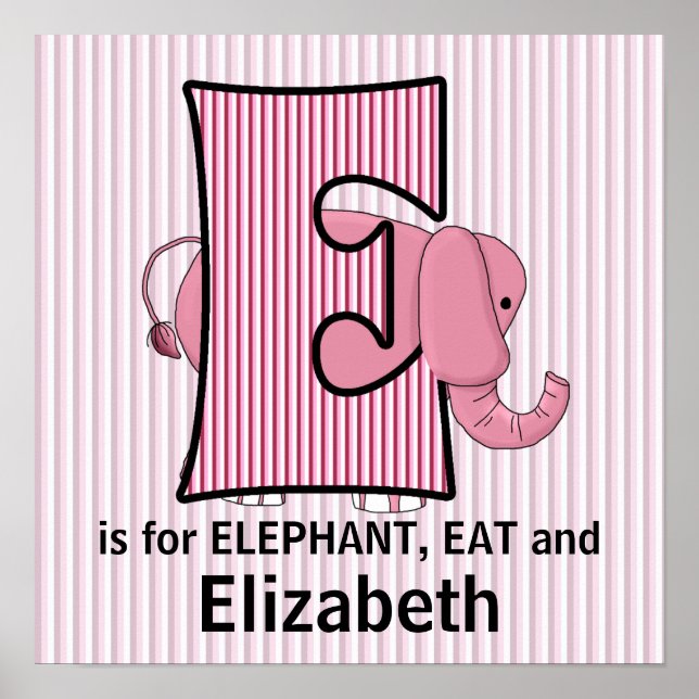 Affiches Élément de chambre bébé éléphant rose monogrammé E (Devant)