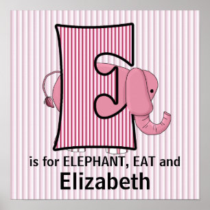 Affiches Élément de chambre bébé éléphant rose monogrammé E
