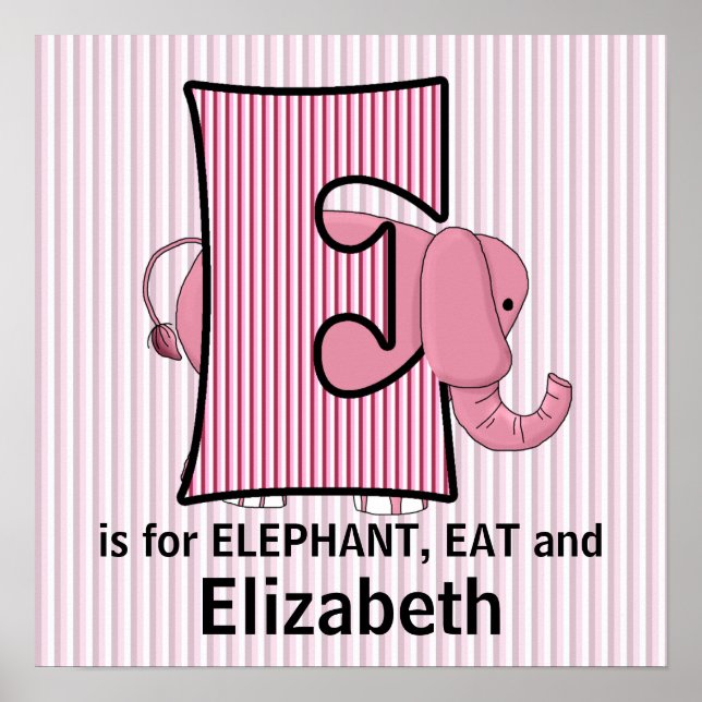 Affiches Élément de chambre bébé éléphant rose monogrammé E (Devant)