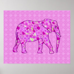 Affiches Eléphant à fleurs - orchidée et magenta