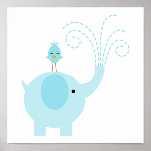 Affiches Éléphant Bleu Adorable et Oiseau
