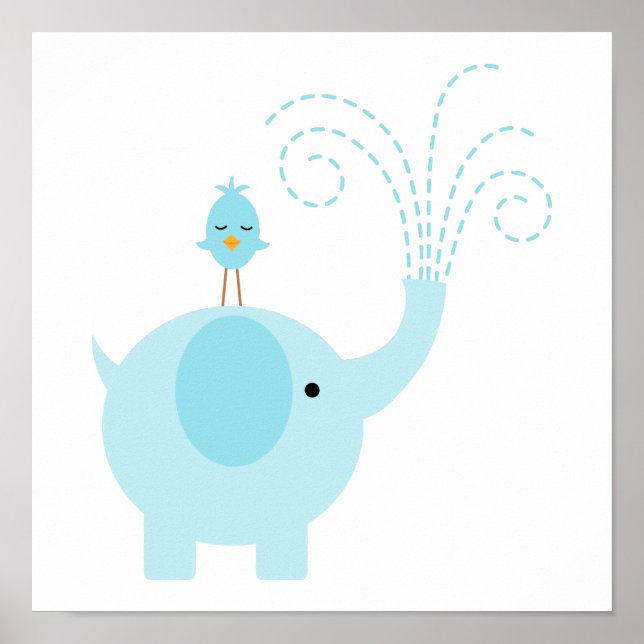 Affiches Éléphant Bleu Adorable et Oiseau (Devant)