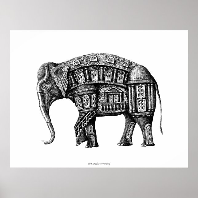 Affiches Elephant Building stylo encre noir et blanc dessin (Devant)