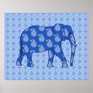 Affiches Éléphant de Paisley - bleu de cobalt et blanc