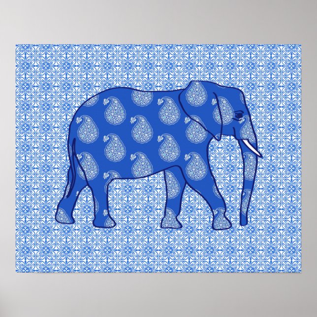 Affiches Éléphant de Paisley - bleu de cobalt et blanc (Devant)