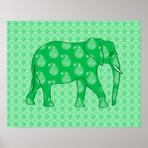 Affiches Éléphant de Paisley - vert et blanc de jade