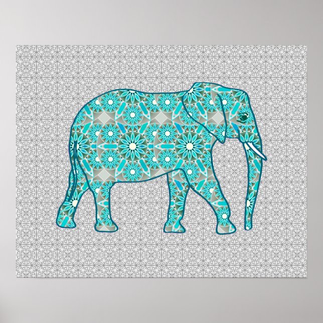 Affiches Eléphant fleur Mandala - turquoise, gris & blanc (Devant)