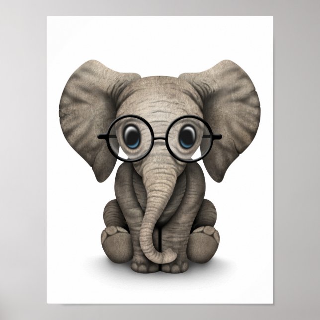 Affiches Eléphant mignon bébé avec lunettes de lecture Blan (Devant)