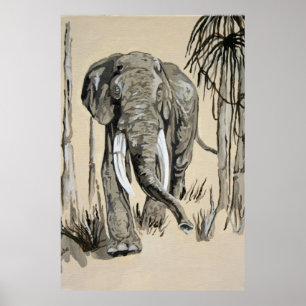 Affiches Eléphant Se Promenant À Travers L'Art De La Savane