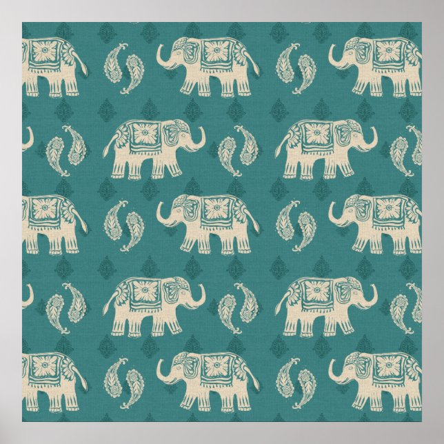 Affiches Elephant Teal Caravan Pattern (Devant)