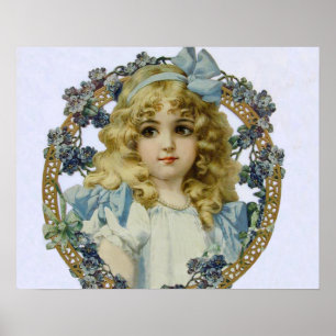 Affiches Enfant vintage avec Bow et Fleurs Bleues Victorien
