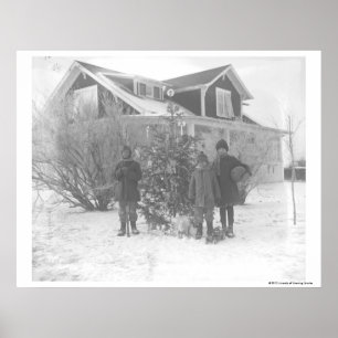 Affiches Enfants dehors avec l'arbre de Noël