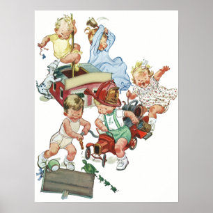 Affiches Enfants en bas âge jouant avec des camions de pomp