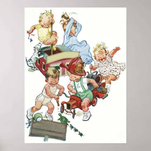 Affiches Enfants en bas âge jouant avec des camions de pomp (Devant)