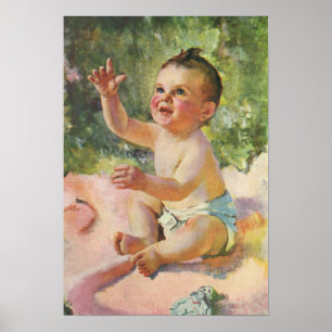 Affiches Enfants Vintage, Bébé Fille Mignonne sur une Couve