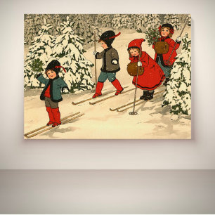 Affiches Enfants vintage skiant à travers une forêt enneigé