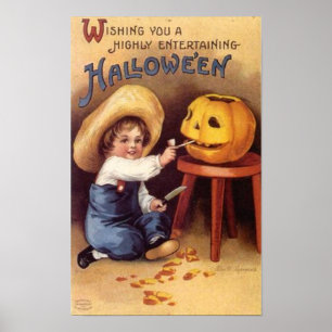 Affiches Entertaining Halloween Boy Carving Pumpkin