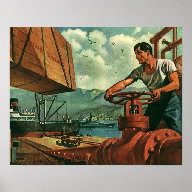 Affiches Entreprise Vintage, pétrolier avec docker (Devant)