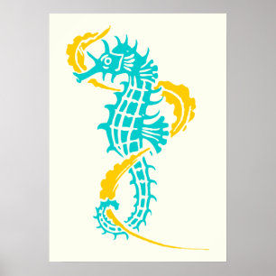 Affiches Equestre bleu turquoise, jaune et algues