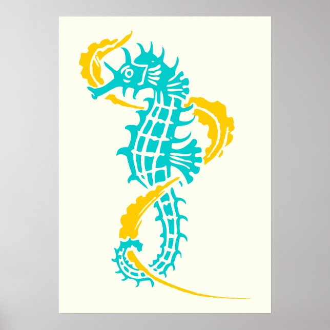 Affiches Equestre bleu turquoise, jaune et algues (Devant)