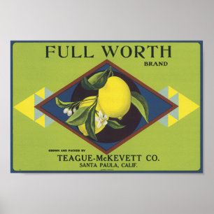 Affiches Étiquette à base de fruits de citron d'une valeur