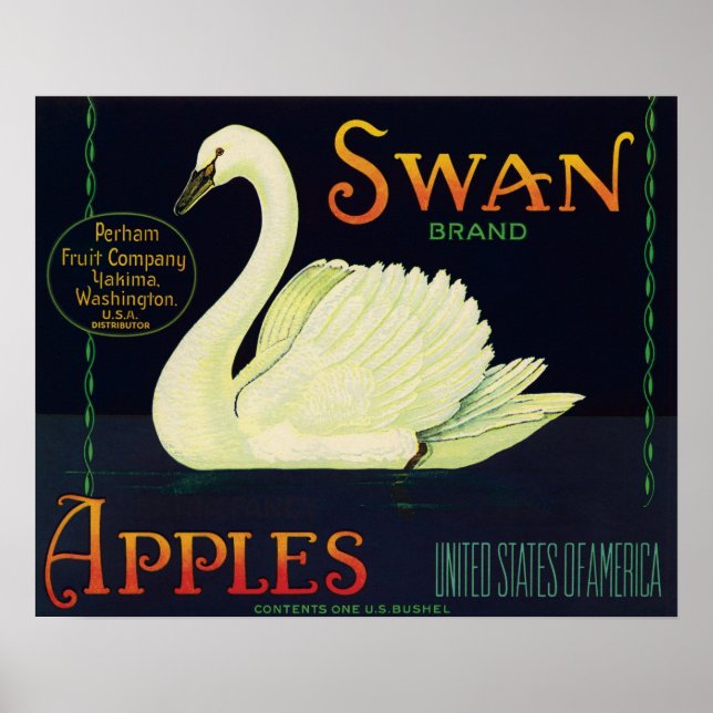 Affiches Étiquette Crate de pommes de marque Swan (Devant)
