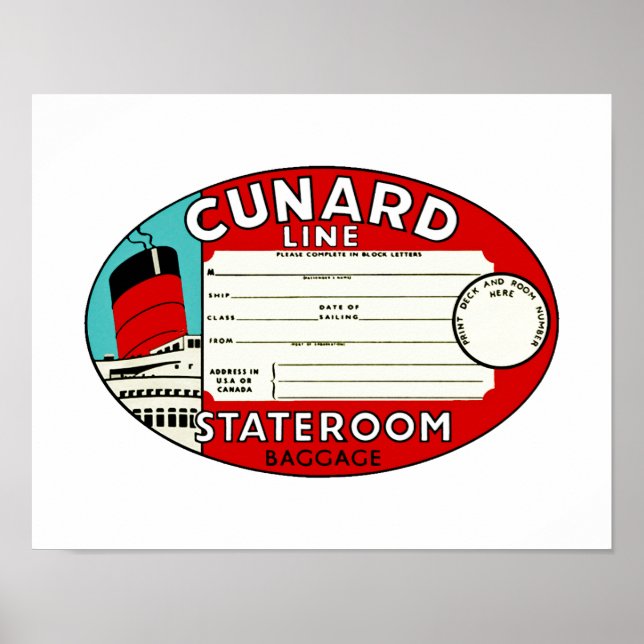 Affiches Étiquette de bagage de ligne Cunard (Devant)