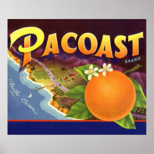 Affiches Étiquette de caisse de fruits vintage, oranges Pac