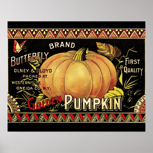 Affiches Étiquette de citrouille Antique Papillon de marque (Devant)