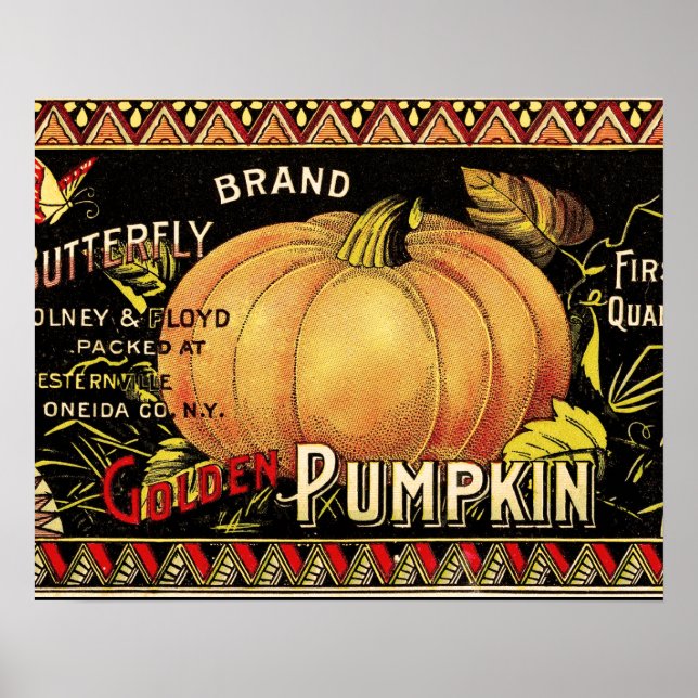 Affiches Étiquette de citrouille Antique Papillon de marque (Devant)