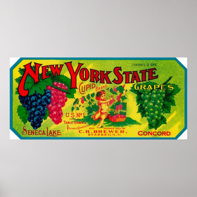 Affiches Étiquette de raisin cupide Starkey, NY (Devant)