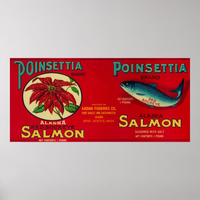 Affiches Étiquette de Saumon Poinsettia (Devant)