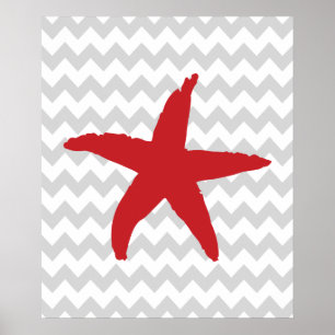 Affiches Étoile de mer nautique rouge et grise de Chevron