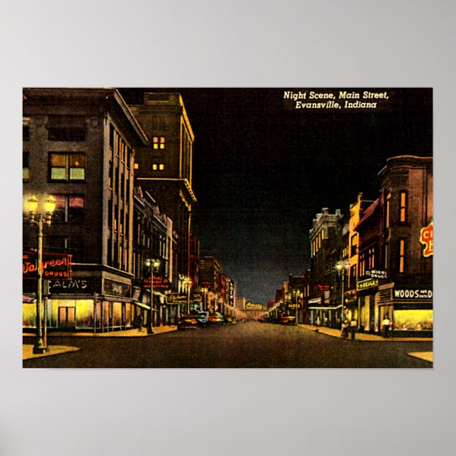 Affiches Evansville, Indiana Night Scene Main Street (Devant)