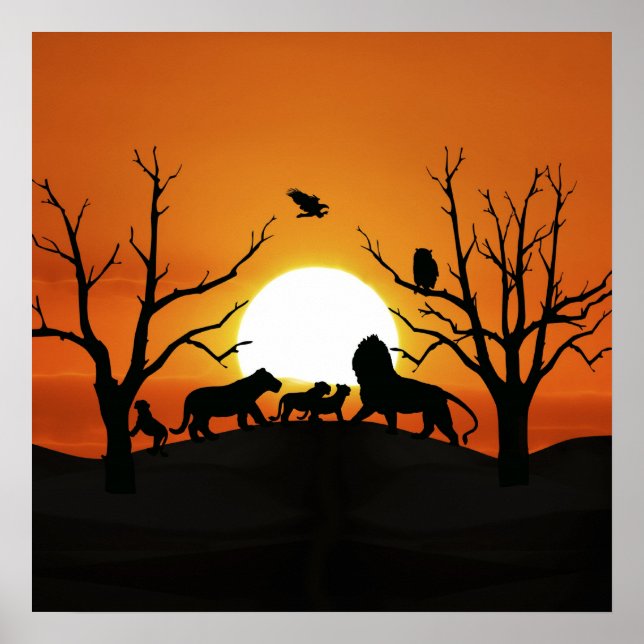 Affiches Famille de lions au coucher du soleil Afrique (Devant)