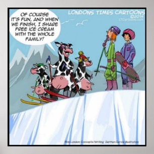 Affiches Famille de vaches faisant du ski sur neige drôle