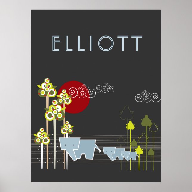 Affiches Famille D'Éléphants Whimsical Dans La Forêt Et Le  (Devant)