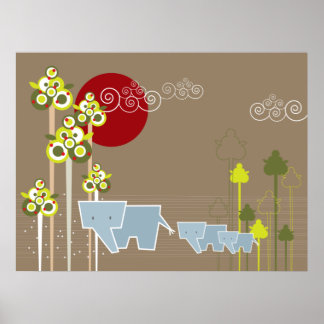 Affiches Famille D'Éléphants Whimsical Dans La Forêt Et Le