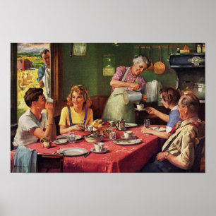 Affiches Famille vintage prenant son petit-déjeuner dans la