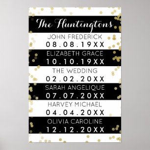Affiches Family Names & Dates Black Stripes & Gold Confetti