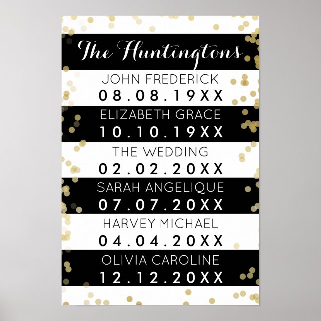 Affiches Family Names & Dates Black Stripes & Gold Confetti (Devant)