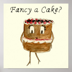 Affiches Fancy a Cake Funny Chocolate Cake Quirky Cartoon