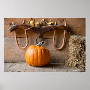 Affiches Farmers Museum. Pumpkin in barn with bale of hay