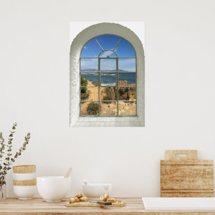 Affiches Fausse fenêtre vue sur la plage rocheuse de l'océa