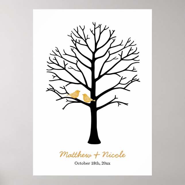 Affiches Faux Gold Birds Black Fingerprint Tree Mariage (Devant)