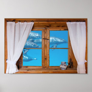 Affiches Faux Window View Underwater Dolphins Ocean Fun