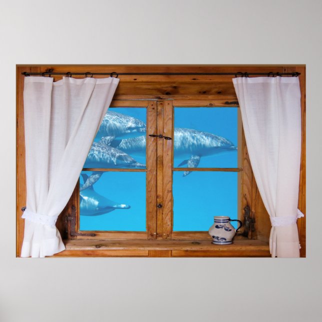 Affiches Faux Window View Underwater Dolphins Ocean Fun (Devant)