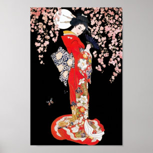 Affiches Femme asiatique avec la nuit de fleurs de cerisier