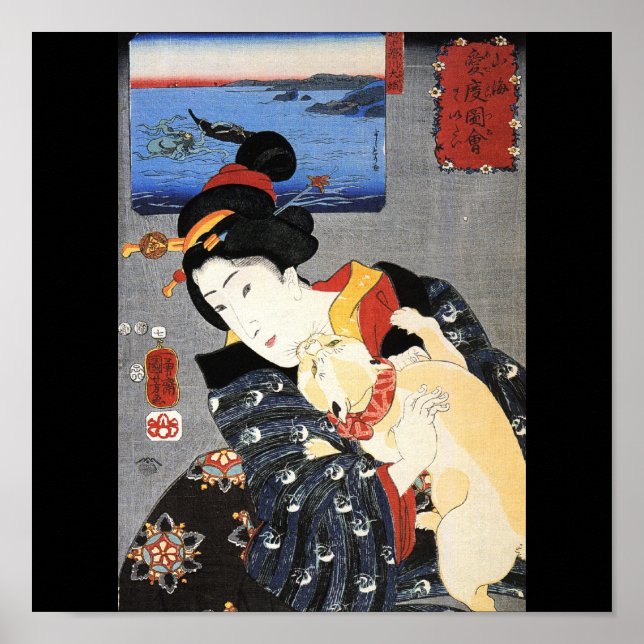 Affiches Femme japonaise et chat, c. Japon des années 1800 (Devant)